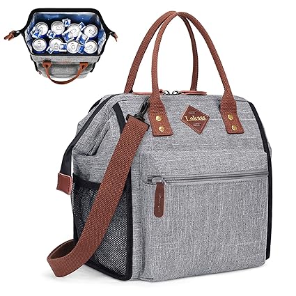 LOKASS Leak-proof Lunch Bags for Women Insulated Lunch Box Thermal Lunch Tote with Removable Shoulder Strap for Men Girls Adult Large Snacks Organizer for Office Work College Outdoor, Gray