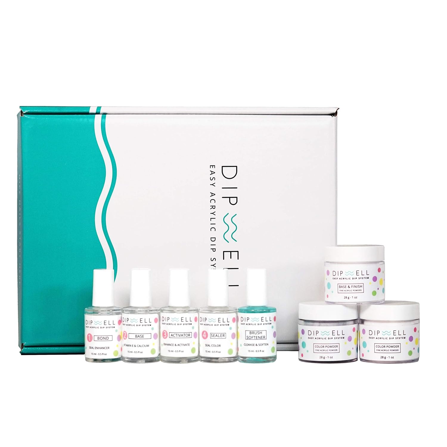 DipWell Dip Powder Nail Kit - Glitter Color Starter, Acrylic & Gel Resin Kit - Starter System (Bond, Base, Activator, Sealer, Brush Softener + 3 Powder Jars)