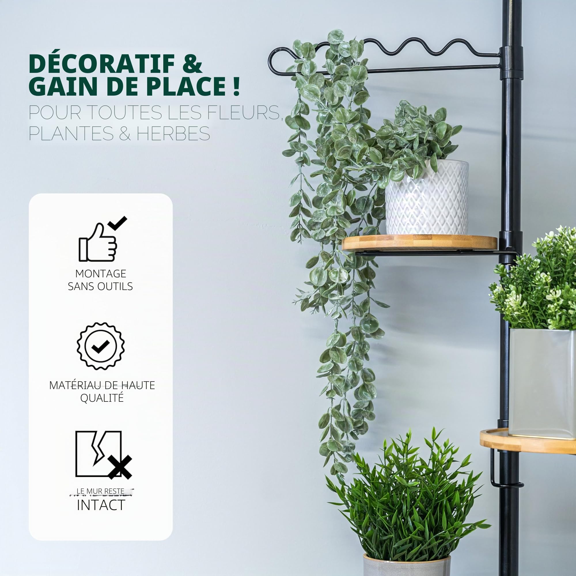 bremermann Étagère à fleurs télescopique avec 4 étagères et aide à l'escalade, adaptée à une utilisation dans le salon ou la cuisine - avec une hauteur d'installation de 140 à 290 cm, noir