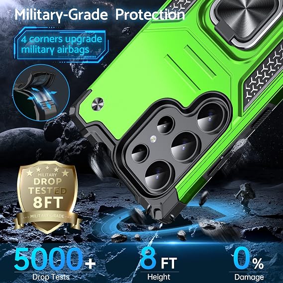 DASFOND Galaxy S23 Ultra 5Gケース、ミリタリーグレードの耐衝撃保護フォンケースカバー 強化メタルリングキックスタンド付き サポートマグネットマウント、グラスグリーン