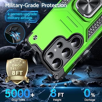 DASFOND Galaxy S23 Ultra 5Gケース、ミリタリーグレードの耐衝撃保護フォンケースカバー 強化メタルリングキックスタンド付き サポートマグネットマウント、グラスグリーン