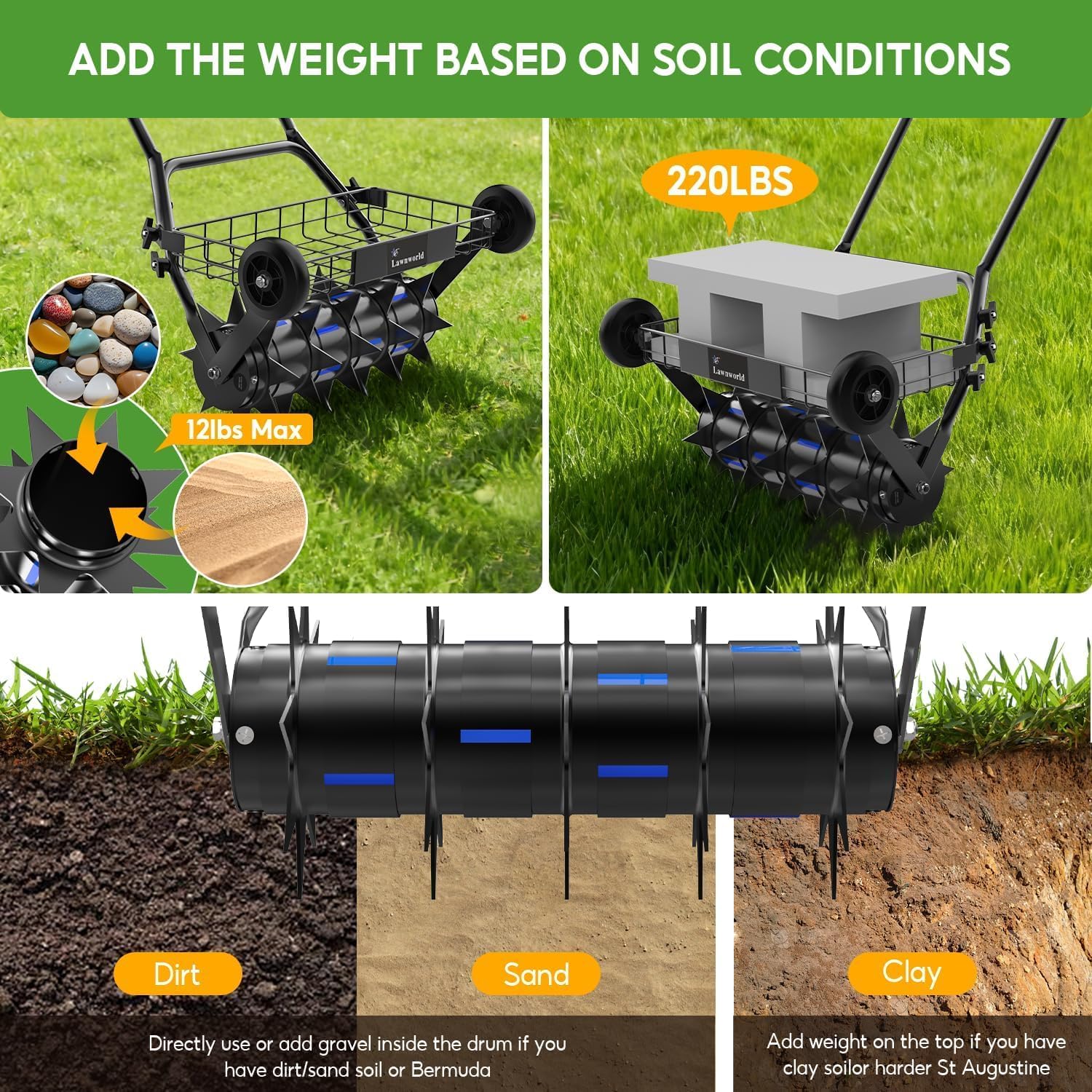 2-in-1 Rolling Lawn Aerator & Lawn Roller, Removable Gear Spikes for Easy Switch, Up to 220 lbs Capacity, Heavy Duty Yard Aerator with Support Wheels for Grass & Soil, Lawn Care