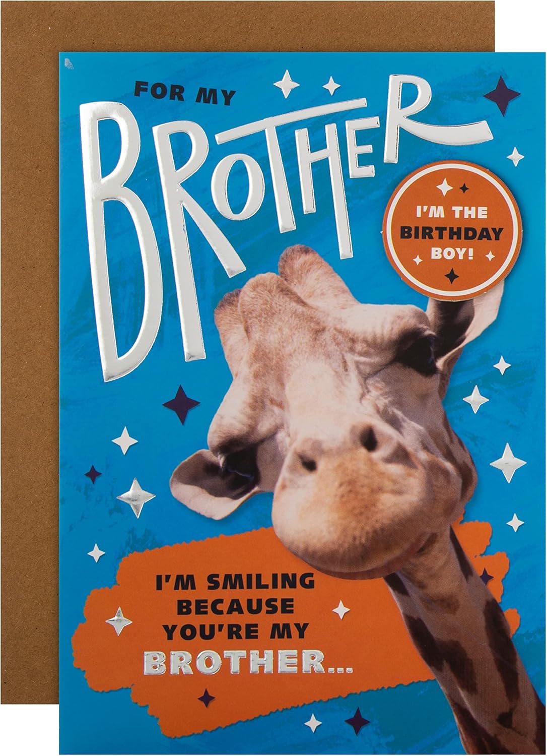 Hallmark Birthday Card for Brother, Funny, With Birthday Badge, Silly Giraffe Design, Blue