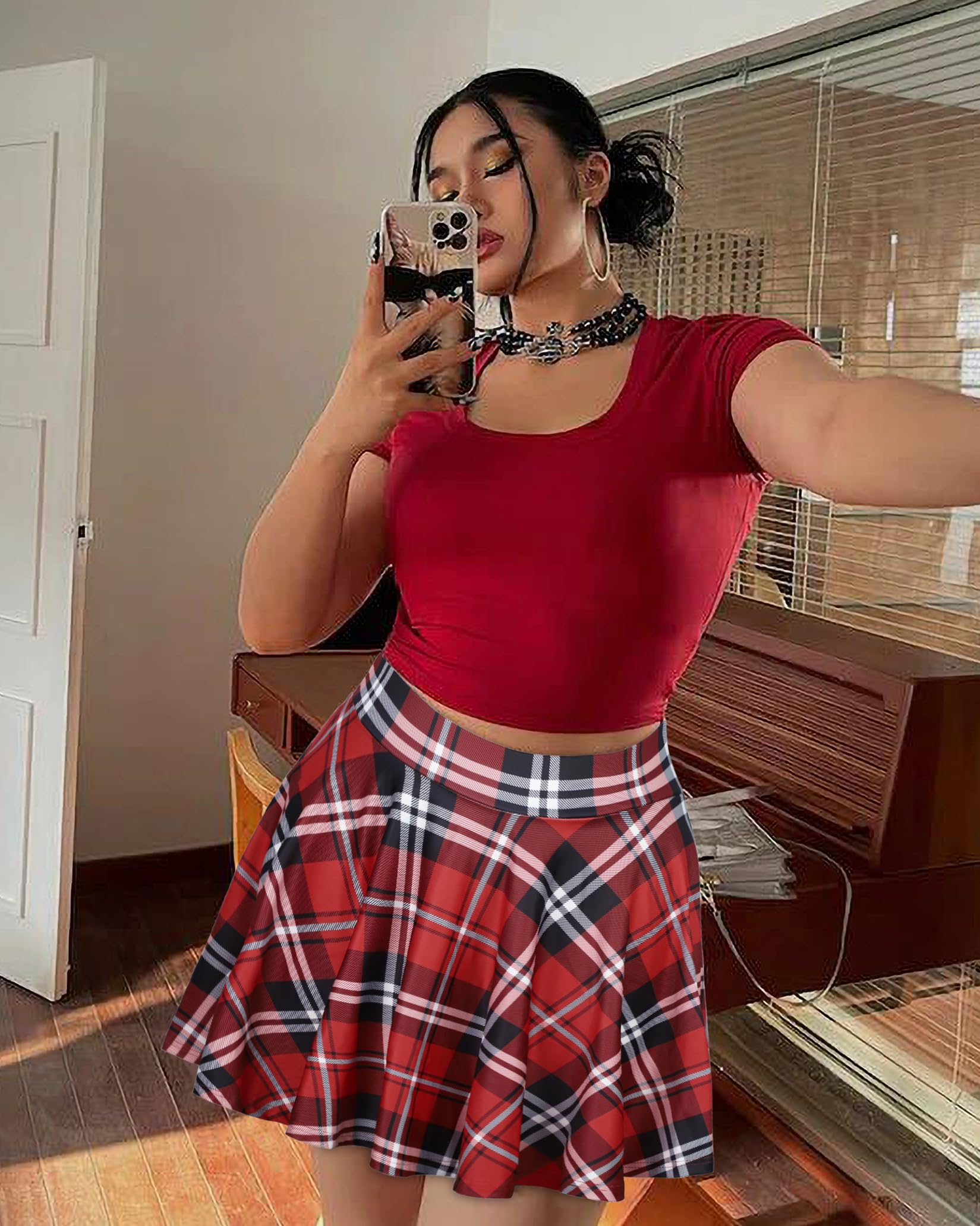 JOELLYUS Plus Size Skirts for Women Summer Pleated Mini Skirt Casual Flowy High Waisted Womens Short Skirts: 4X-Large Red Plaid