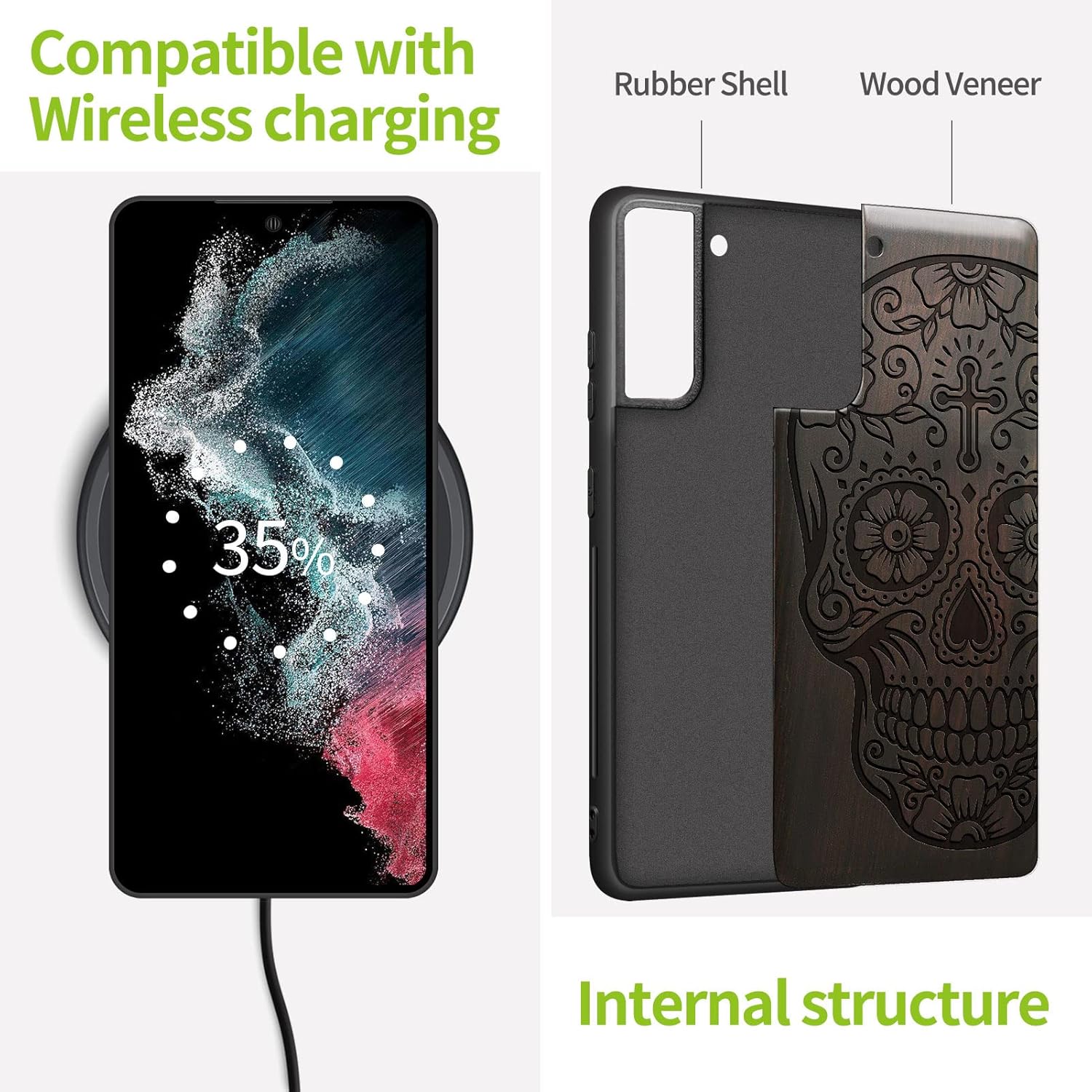 Carveit Wood Case for Galaxy S21 FE Case [Natural Wood & Black Soft TPU] Shockproof Hybrid Protective Unique Wooden Cover Compatible with Samsung S21 FE 5G (Sugar Skull-Blackwood)