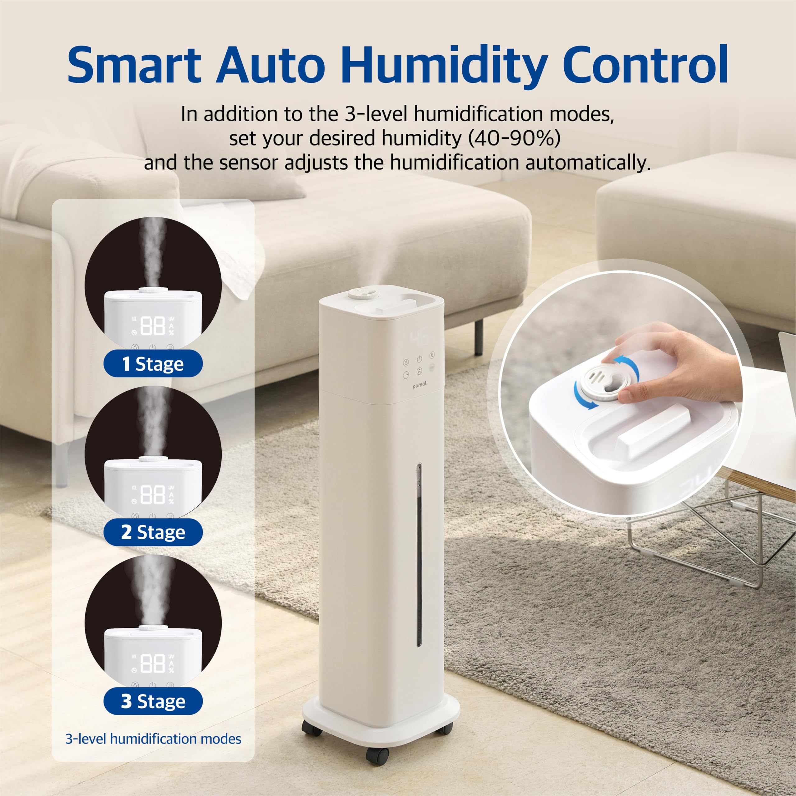 Pureal Humidificador de torre, 2.6 galones (10 L) sobre ruedas, niebla cálida y fría de 3 etapas, dura 83 horas, habitación grande con luz ambiental, ajuste de humedad, temporizador de 12 horas