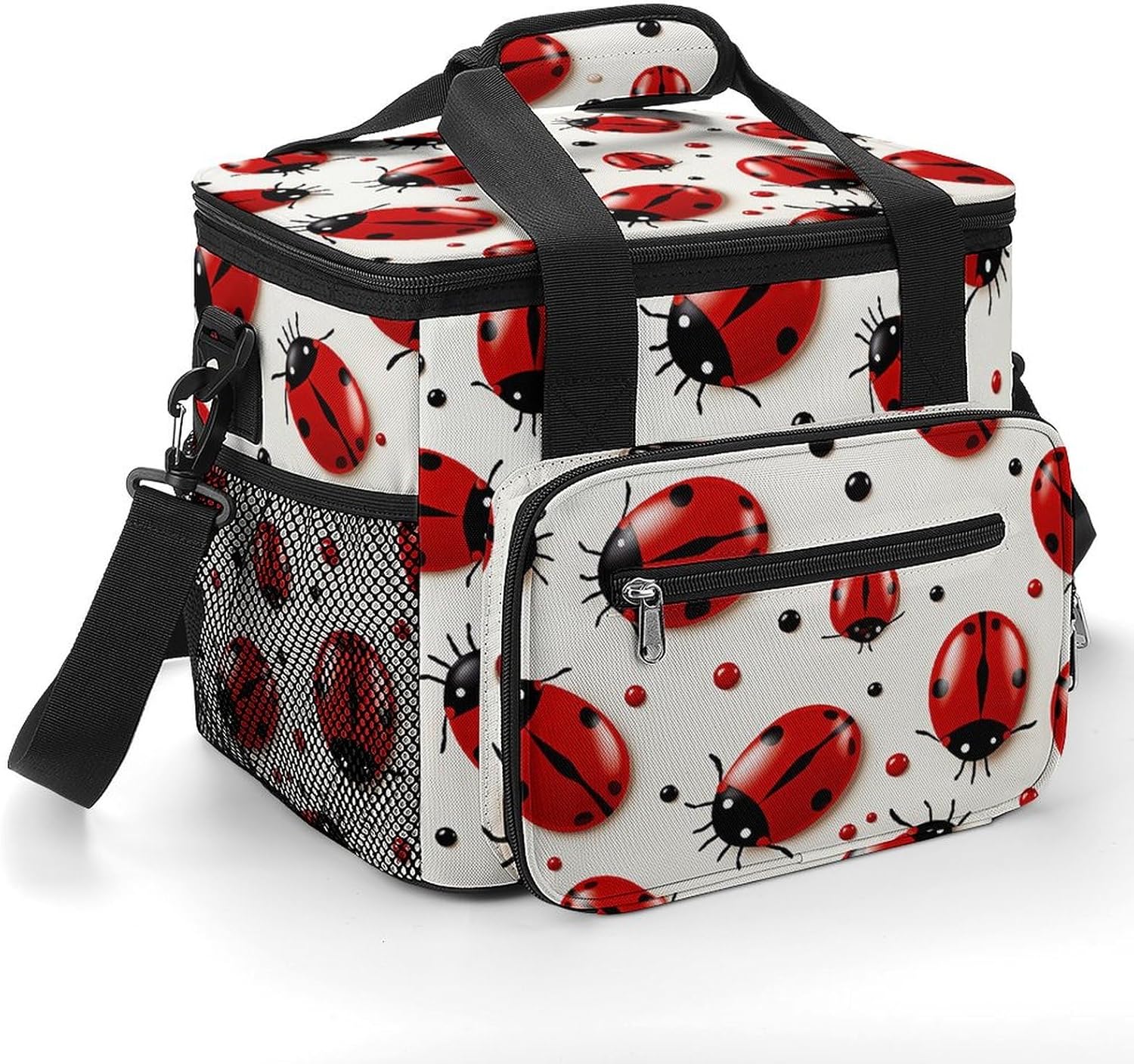 Large-Capacity Oxford Cloth Red Ladybug Printed Camping Ice Bag, Outdoor Portable Insulation and Cold Storage Bag, Enjoy A Cool Camping Time