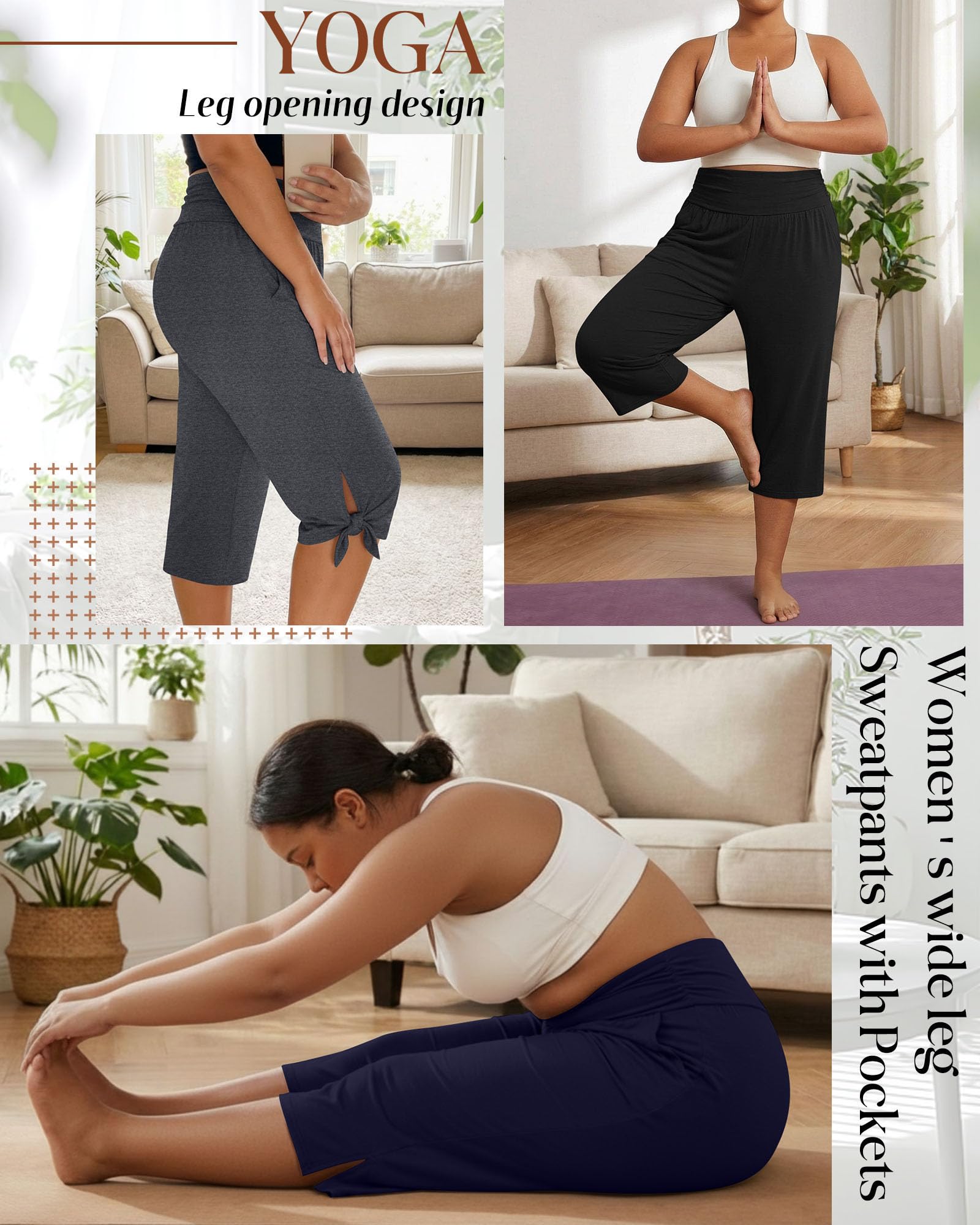 Neer Lot de 3 pantalons capri en coton taille haute pour femme avec poches, Noir, gris foncé, bleu marine, Taille 3XL