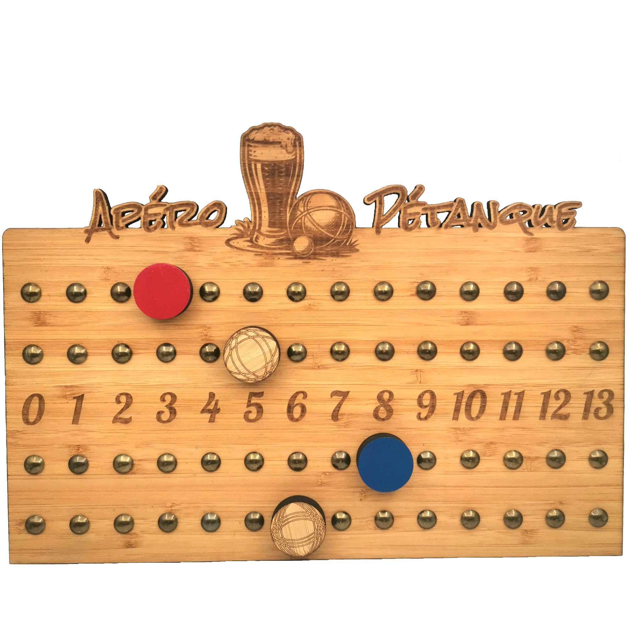 Tit'Adel Compteur de Points Pétanque 4 Joueurs - Tableau de Score en Bois avec 4 Pions Magnétiques - Fabrication Française