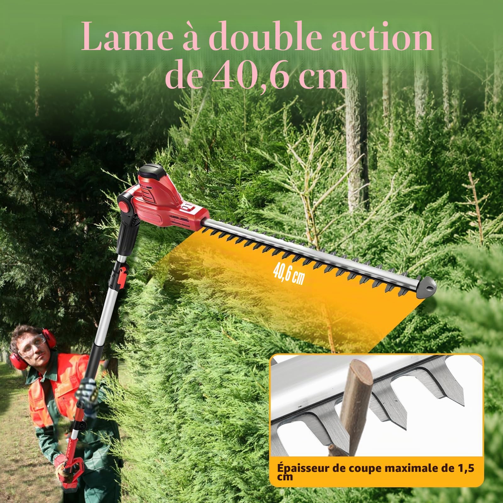 Taille-haie télescopique sans fil compatible avec Milwaukee m18, portée maximale de 2,97 m, longueur de coupe de 41 cm, tête rotative à 11 positions avec bandoulière pour élagage d'arbustes