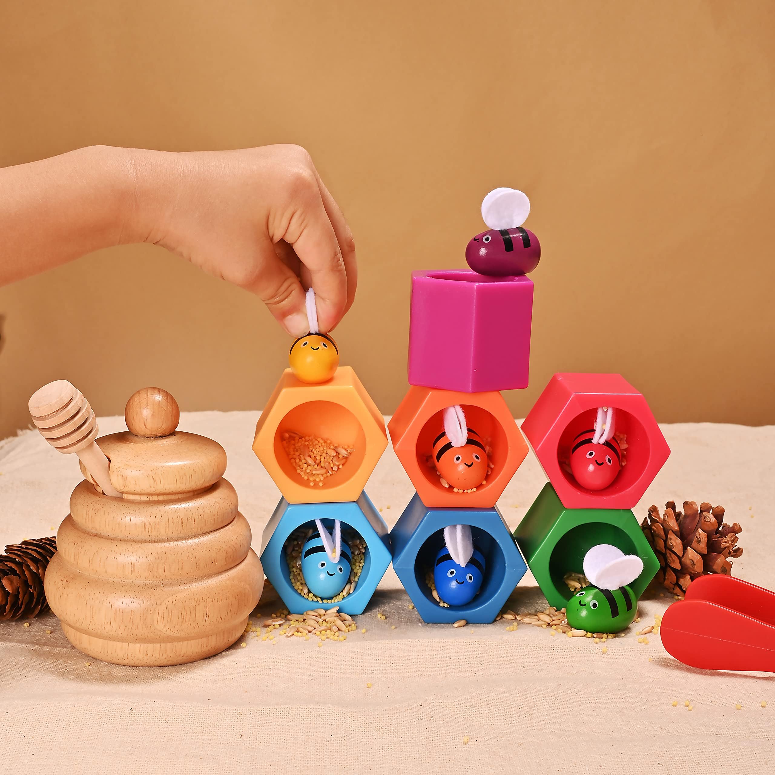 Giocattoli impilabili in legno per bambini piccoli, giocattolo a forma di alveare, giocattoli sensoriali Montessori per 3, 4 e 5 anni, giocattoli per abilità motorie, regalo educativo