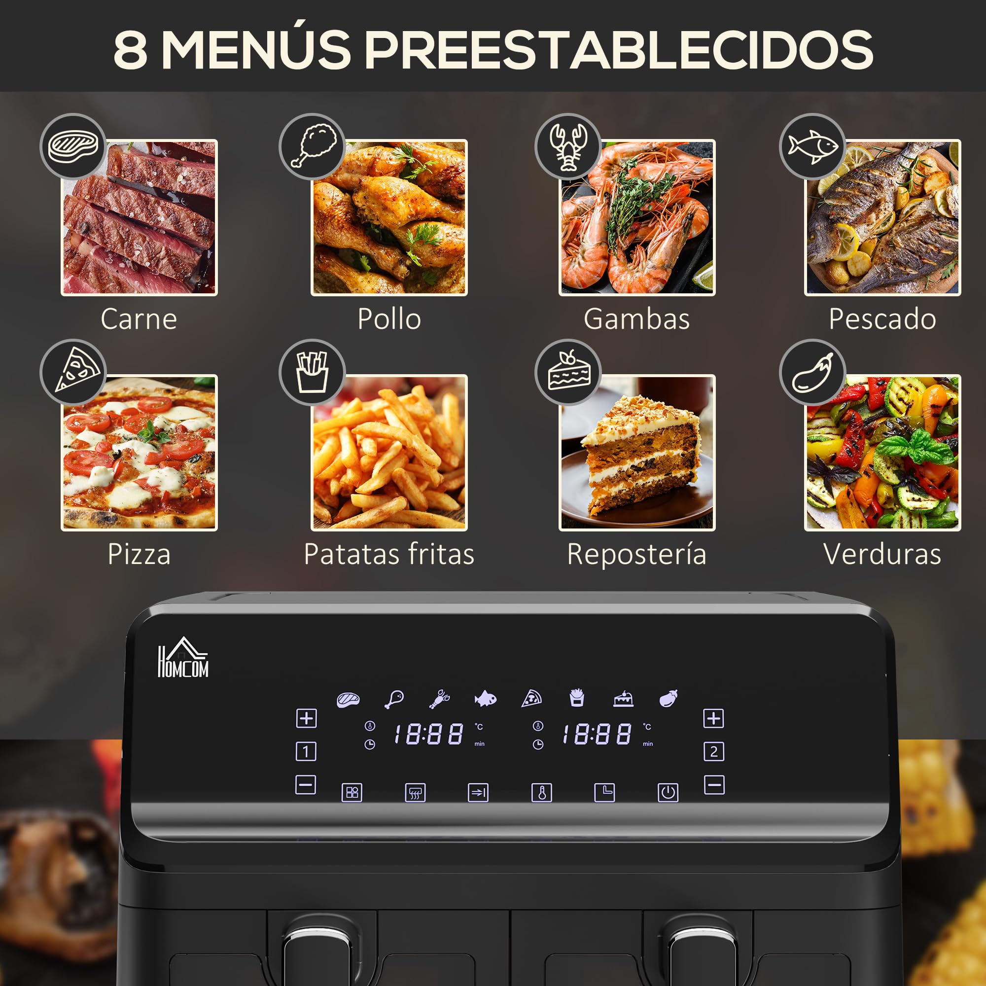 HOMCOM Freidora sin Aceite Doble 8L 2500W 38,5x38x30,5 cm Negro | Freidora de Aire, 8 Programas, Pantalla LED Táctil, Temperatura Ajustable 80-200℃, Temporizador, Cesta Antiadherente