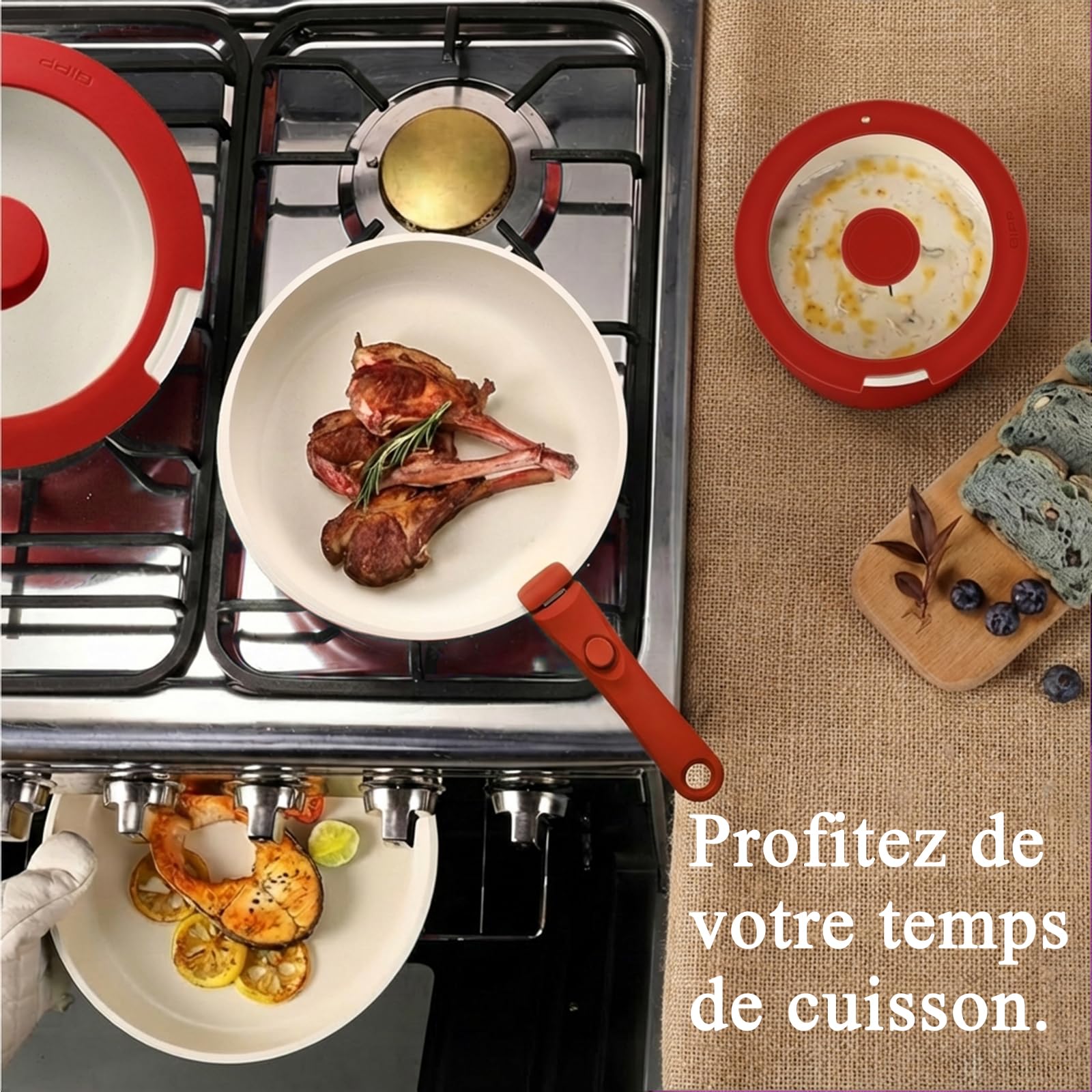 GiPP 5 PCS Set Poele et Casserole Induction Antiadhésive en Granit,Rouge | Batterie de Cuisine Tout Feux, Inclure Poêle/Casserole/Wok, Poignee Amovible pour Camping, Compatible Lave-vaisselle et Fours