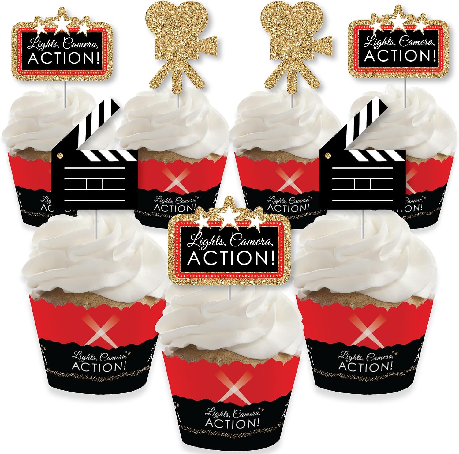 Big Dot of Happiness Red Carpet - Cupcake Decoration - Movie Night Party Cupcake Wrappers and Treat Picks Kit - Set of 24