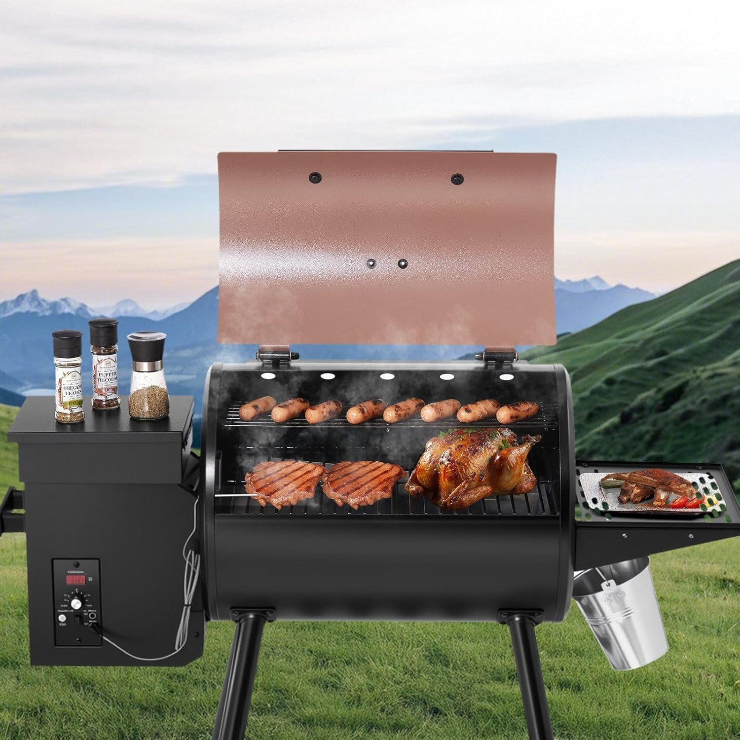 Wood Pellet Grill Smoker - 8-in-1 Outdoor BBQ Grill with Digital Controller & Meat Probe - 456 sq in Electric Grill and Smoker, 500°F Max Temperature, Black