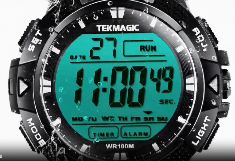 TEKMAGIC Digitaal herenpolshorloge geschikt voor zwemmen en duiken, 10 atm, 100 meter, waterdicht met achtergrondverlichting, wekker, stopwatch, kalender, dubbele tijdweergave