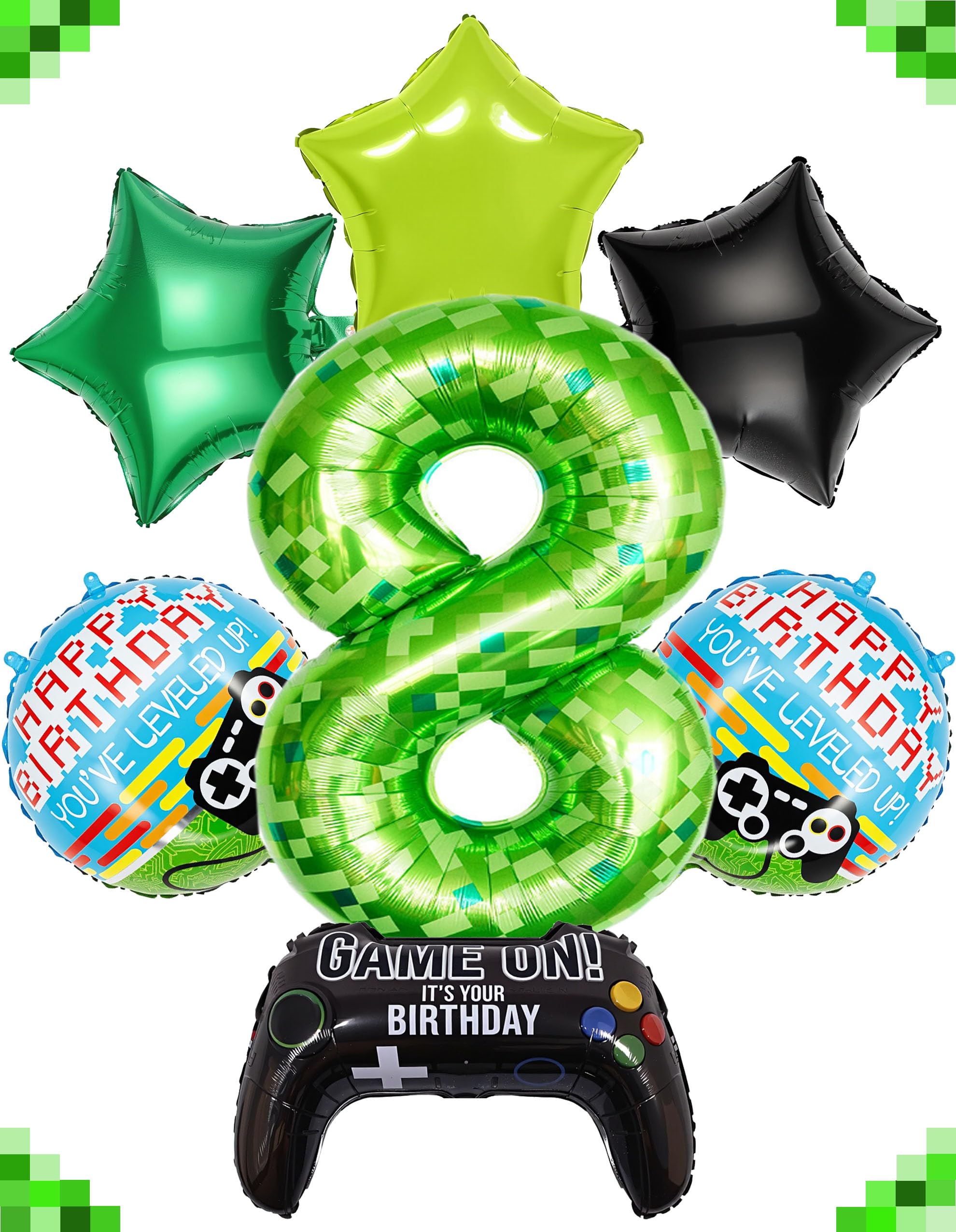 Zestaw balonów z motywem zielonych pikseli, górnik, numer 8, 7 szt., duże metaliczne balony foliowe, gry wideo, dekoracje imprezowe na urodziny, rocznicę, przyjęcie 102 cm