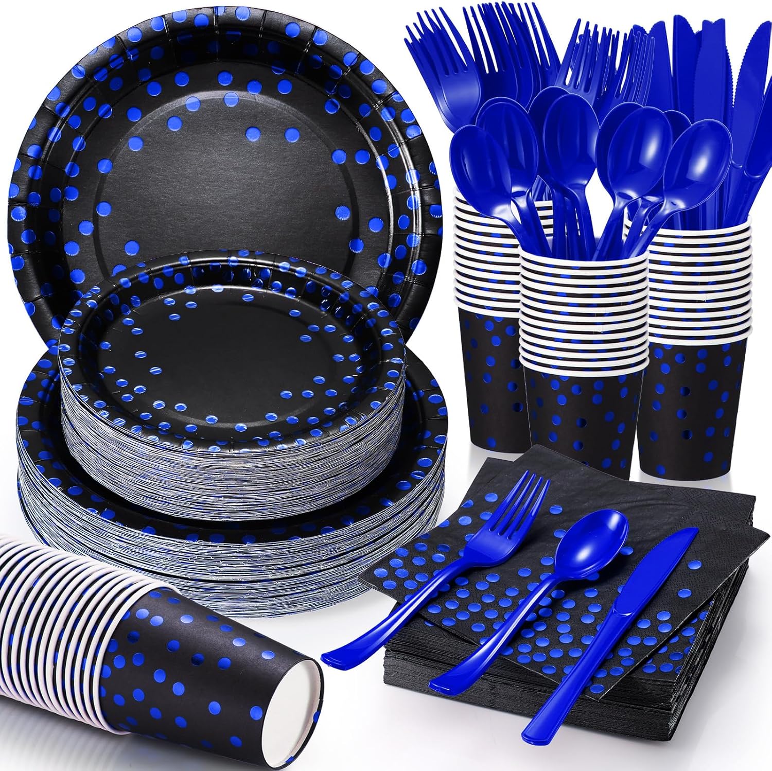 Sieral 560 Pcs Blue and Black Paper Plates Party Tableware Set Serve 80 Includes Disposable Paper Cups Forks Knives Spoons and Napkins Party Decor Supplies for Birthday Graduation Wedding and Holiday