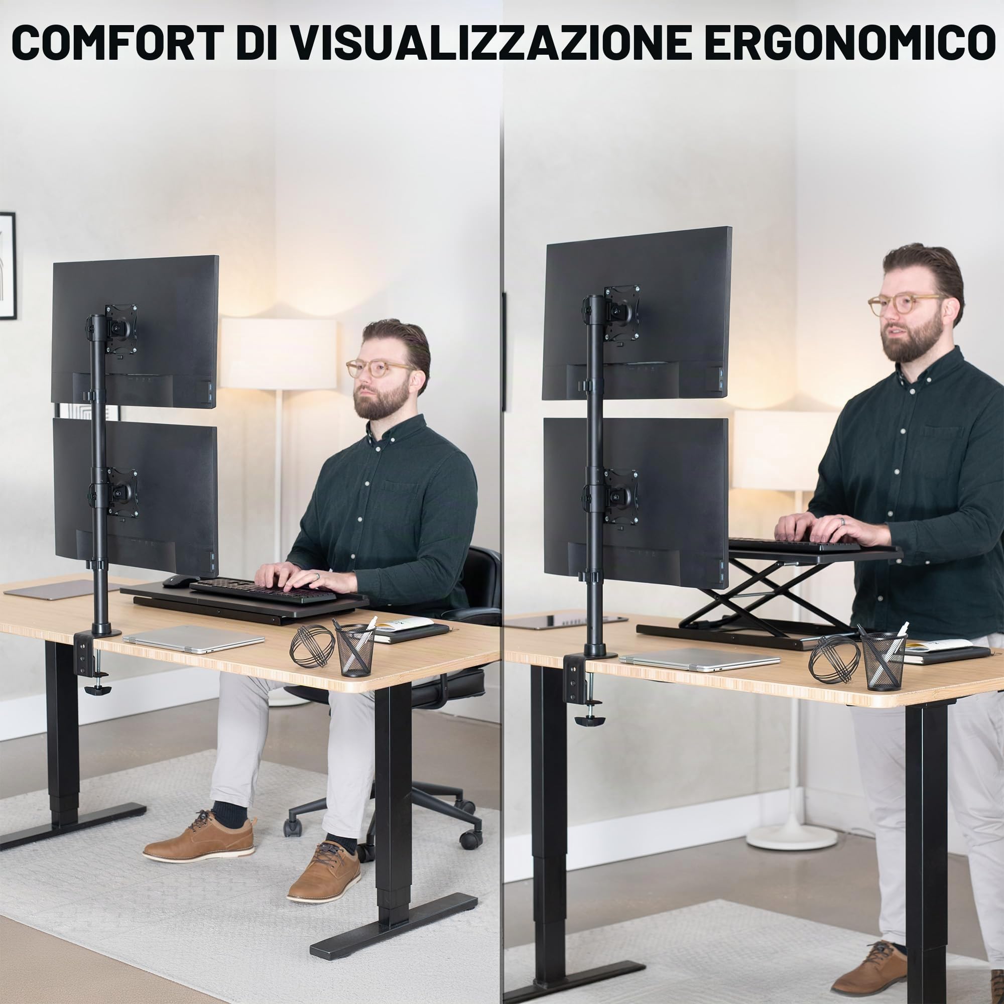 VIVO STAND-V002R - Supporto da tavolo per doppio monitor con regolazione dell'altezza e piastre VESA per 2 schermi LCD Ultrawide fino a 34", Stacked Array, STAND-V002R