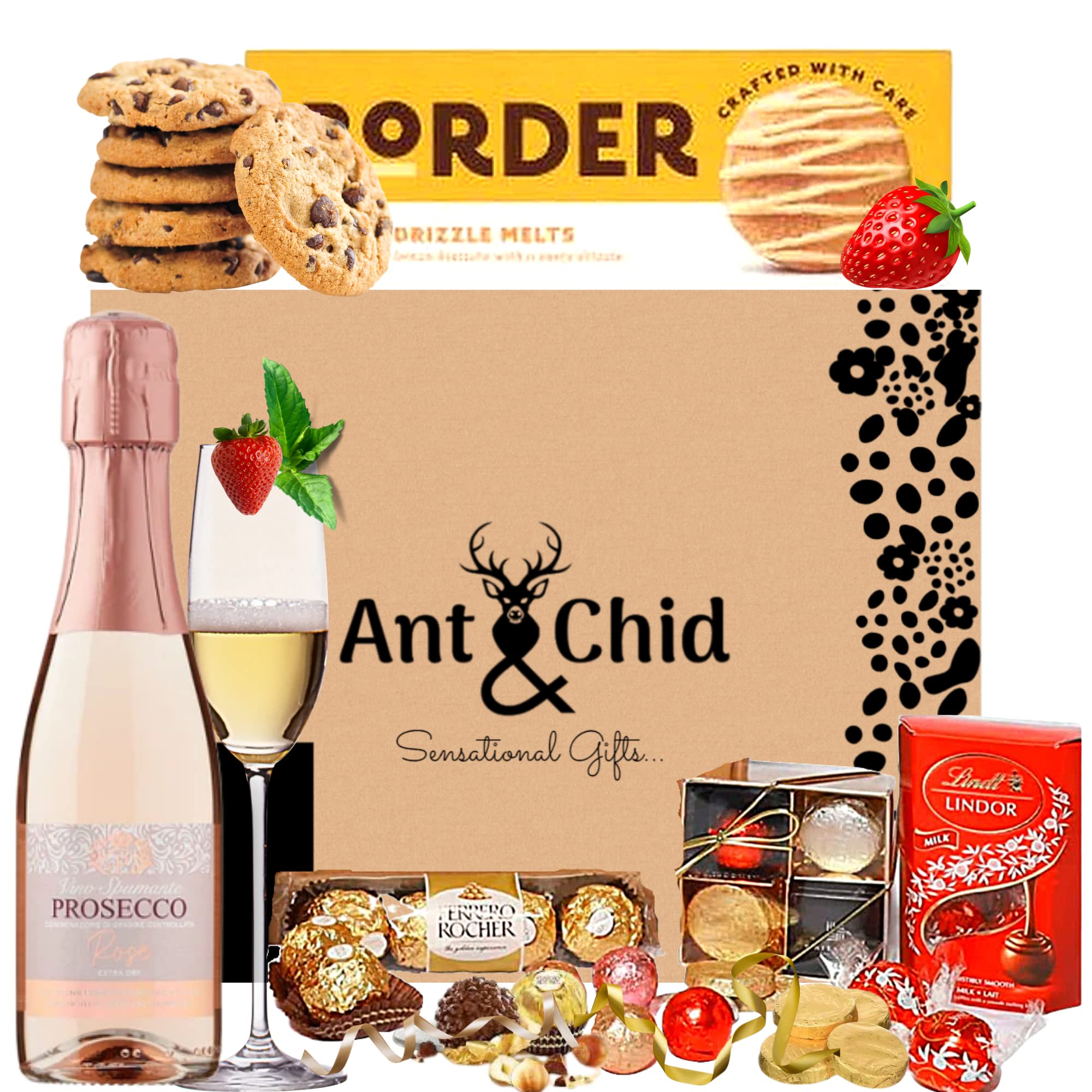 Prosecco Pink Rose Wine with Assorted Chocolates Hamper Bundle Gift - Ideal Christmas Giftset for Women