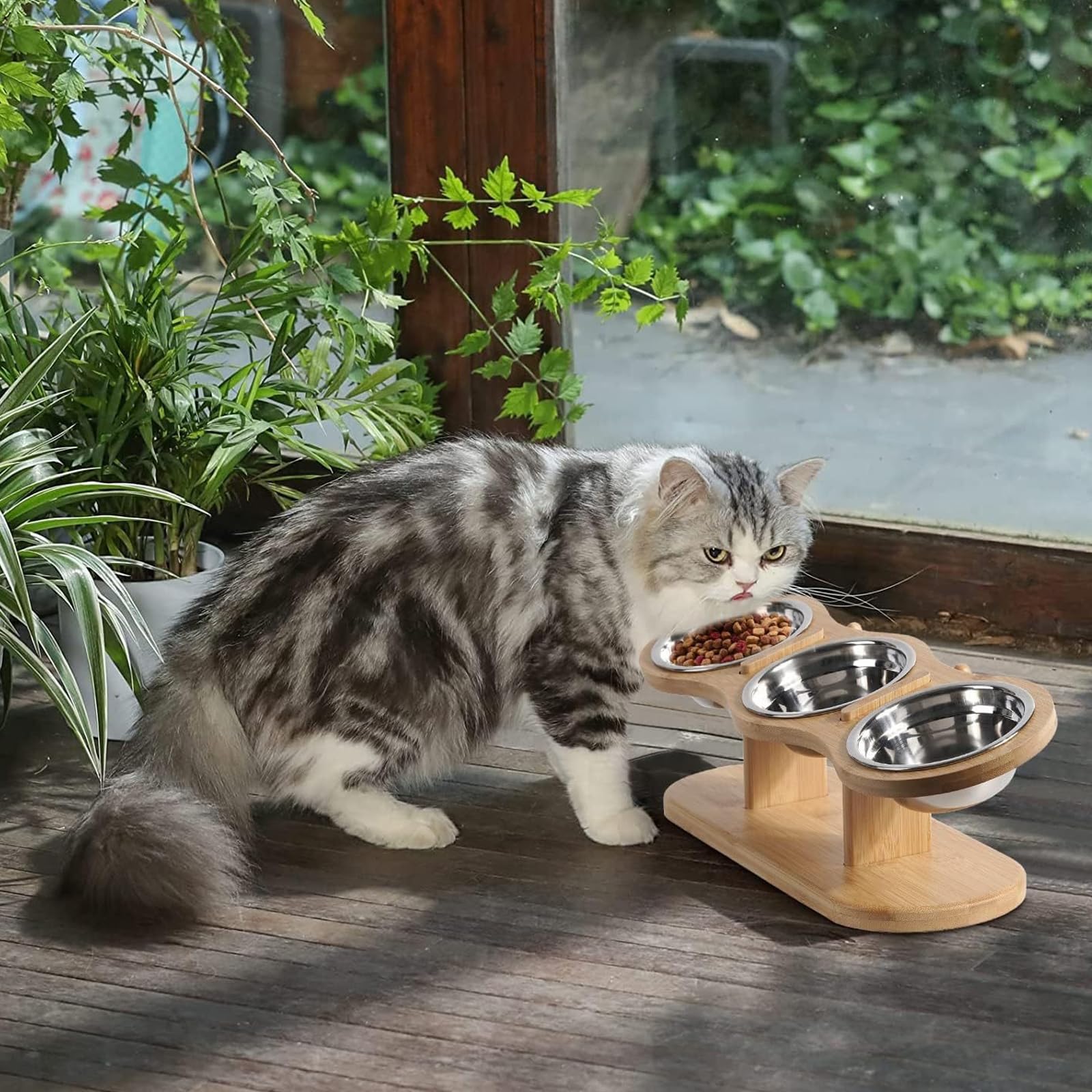 Ciotola per Gatti Rialzata, Ciotole Gatto in Bambù, Regolabili Ciotola Gatti Rialzata con 3 Ciotole in Acciaio Inossidabile per Cani Piccoli, Gattini