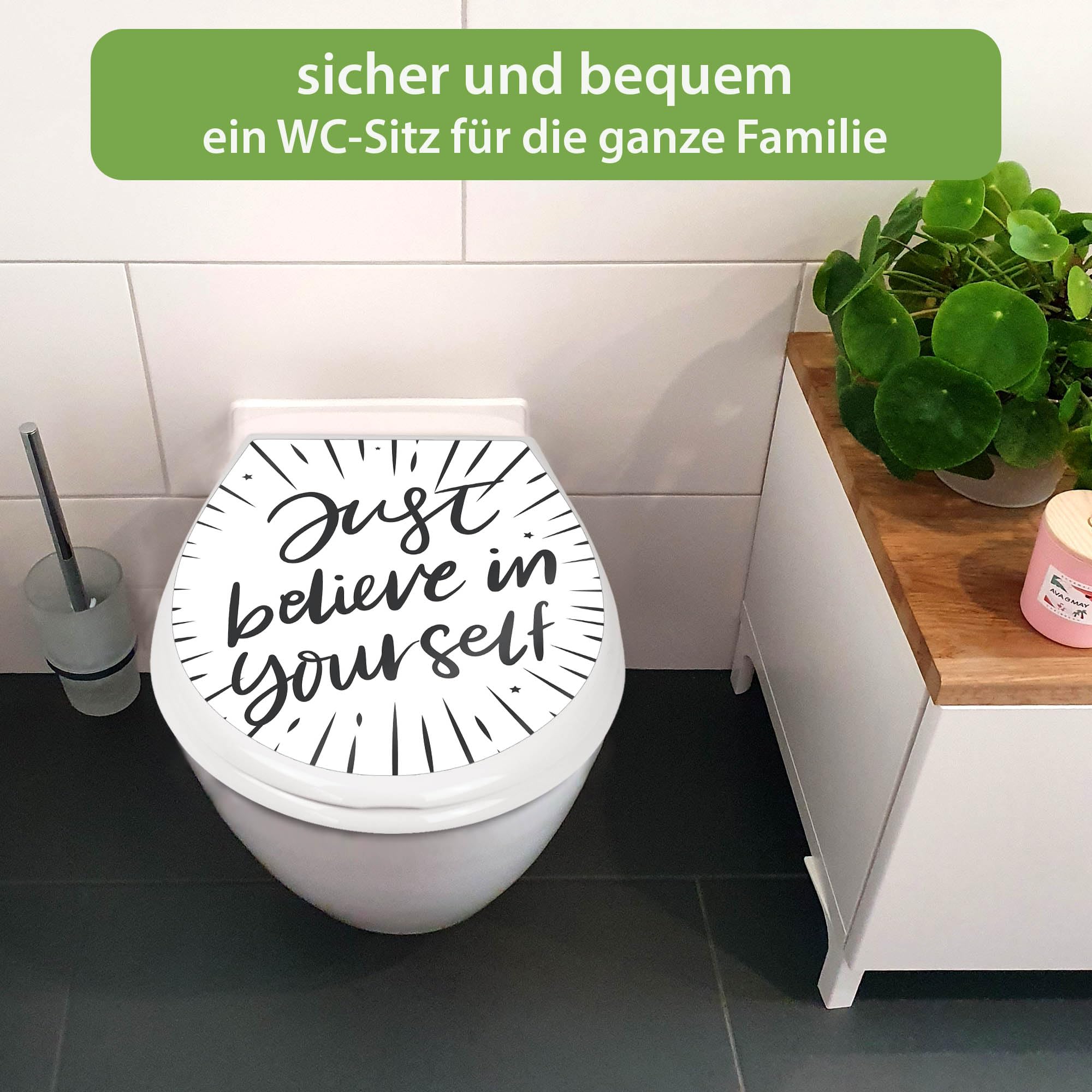 banjado Familien WC Sitz mit Absenkautomatik 44,9x37,1cm - Klobrille mit Kindersitz aus hochwertigem Polypropylen - Toilettendeckel mit Kinder Toilettensitz integriert - Motiv Glaube an dich