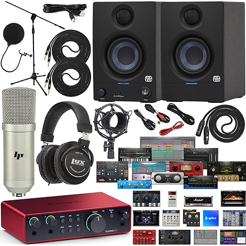 Focusrite Scarlett 2i2 4th Gen USB Audio Interface with Complete Kit Exclusive Software Bundle with New Designed Eris 3.5 Studio Monitors with Professional Microphone Kit and Recording Headphones