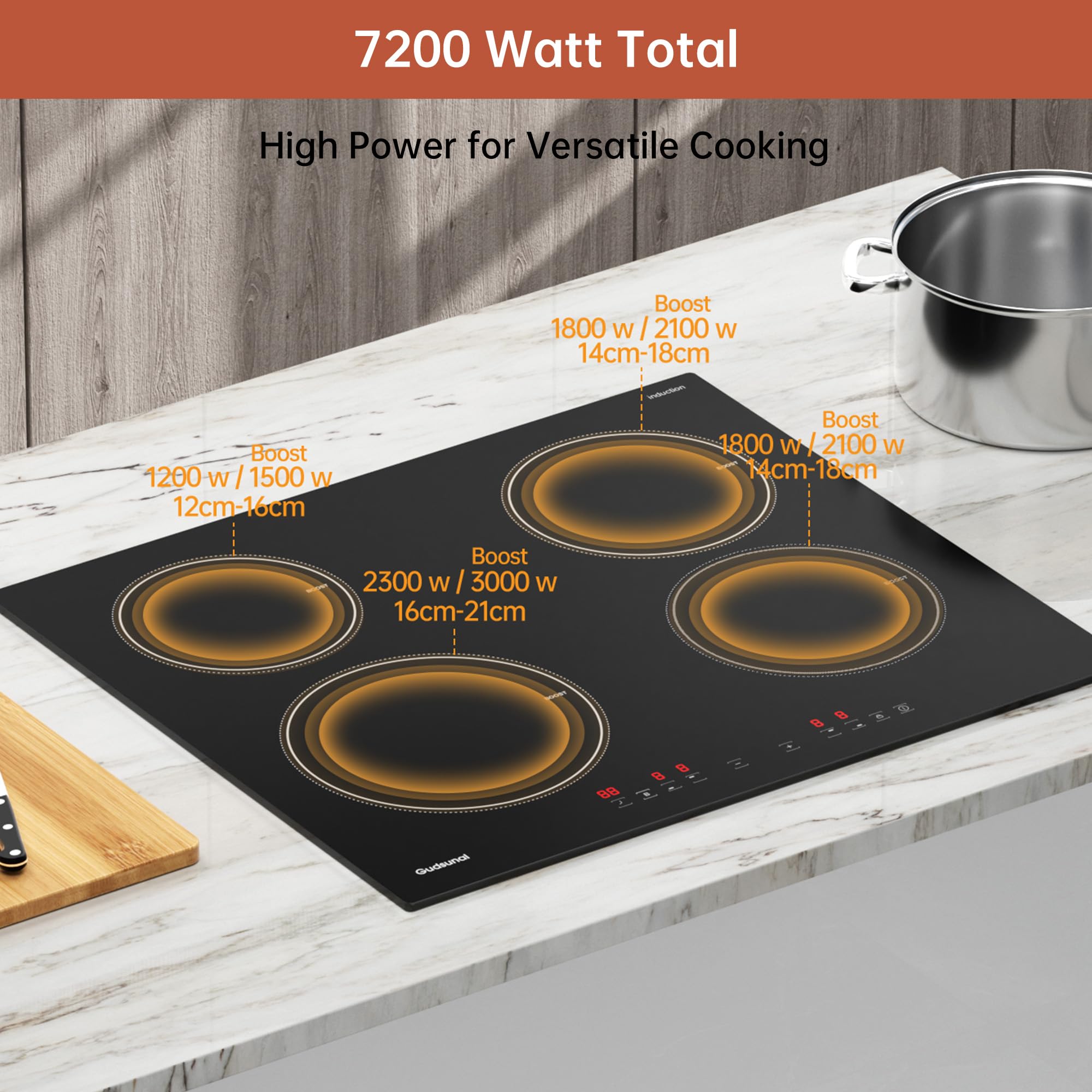 Induction Hob, 4 Cooking Zone, 60 cm, 7200W, Continuous Low Power Heating, Booster, 9 Heat Levels, Timer, Auto Shut-Off, Child Safety Lock, Pan Sensor,Hard Wired, No Plug — view 2