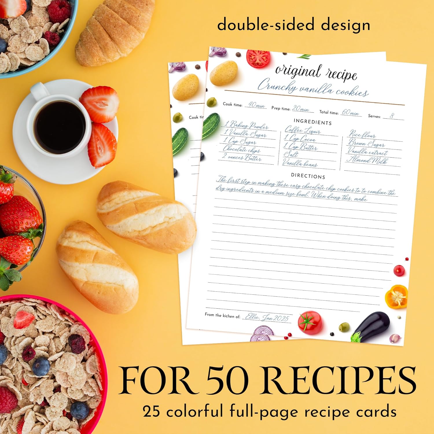 Recipe Binder, 3 Ring Recipe Book with dividers, Plastic Sleeves and Pages, Kitchen Conversions Inside, Modern Black Design with Vegetables, Gift for Home Cooks and Chefs