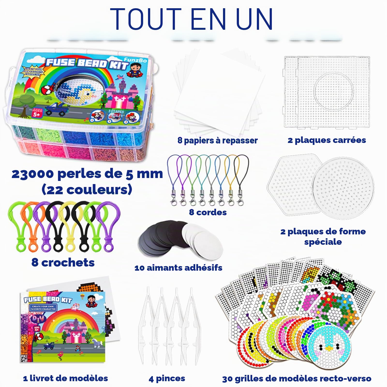 FUNZBO Kit de 23 000 perles fusibles 5 mm – 22 couleurs, 106 motifs, fournitures d'artisanat pour enfants