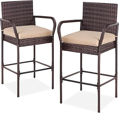 Best Choice Products Set of 2 Wicker Bar Stools, Indoor Outdoor Bar Height Chairs w/Cushion, Footrests, Armrests for Backyard, Patio, Pool, Garden, Deck - Brown