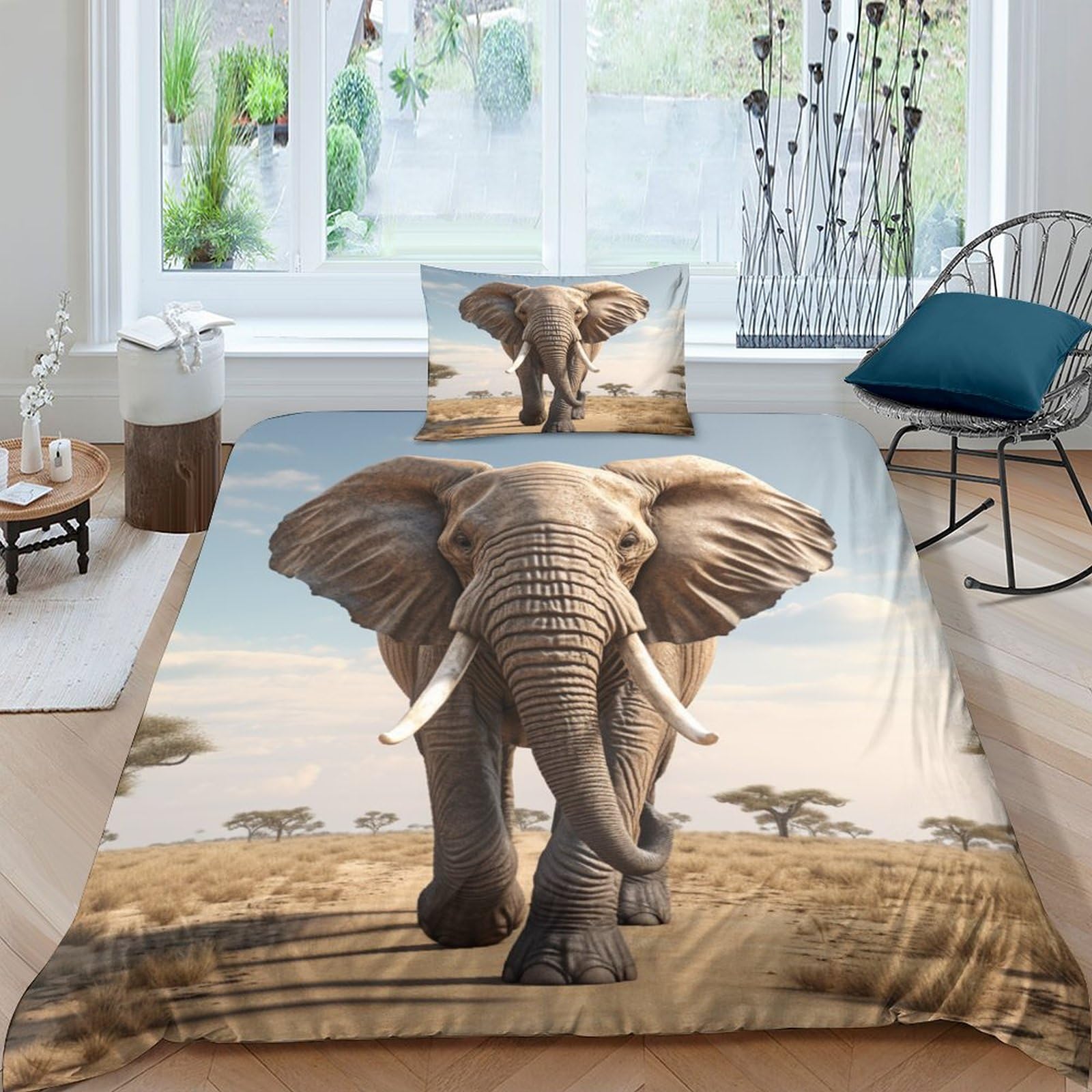 GEEYOU Elephant Childrens And Adults Quilt Cover Set with Pillow Cases Bedding Set Sleep Aid Duvet Cover African Elephant Comforter Hidden Zipper Microfiber for Boys Girls Single（135x200cm）