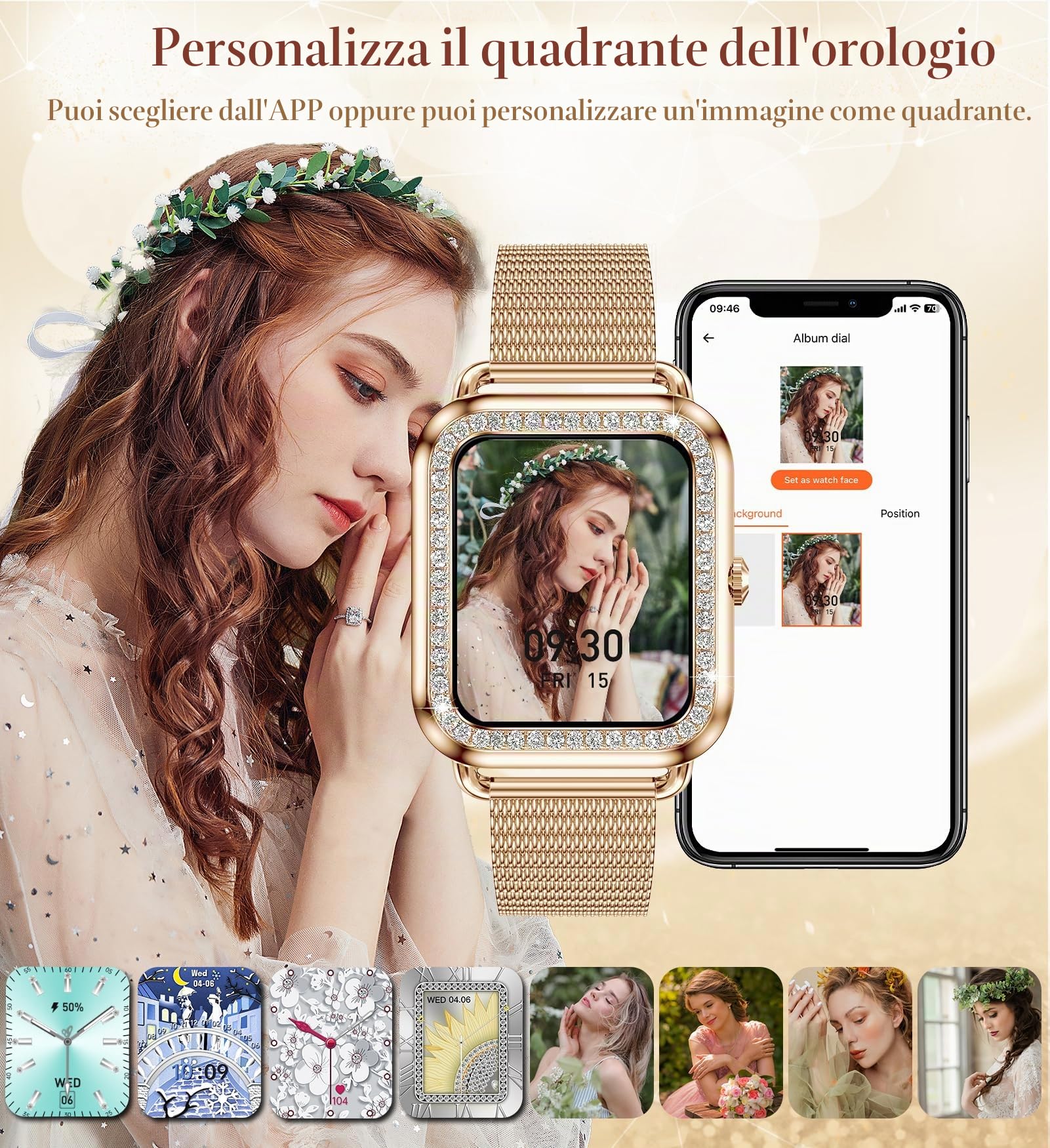 Smartwatch Donna con Risposta Chiamate/Notifiche WhatsApp, 1,6" Orologio Digitale Moda Sportivo Fitness Tracker Contapassi Cronometro,Android iOS Smart Watch con Sonno/Cardiofrequenzimetro