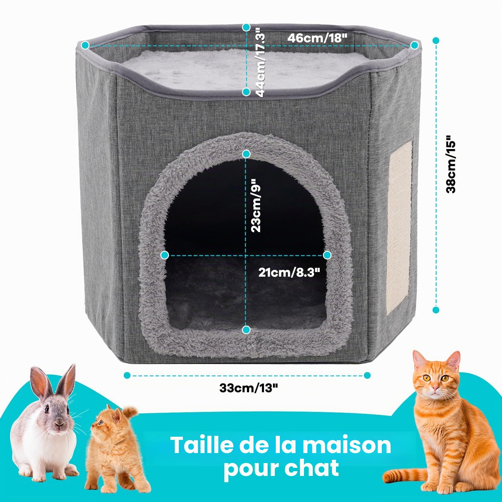 Maison pliable d'intérieur pour grands chats, grande niche pour chat avec griffoir, 2 couches, niche pour animaux de compagnie de petite et moyenne taille, grise
