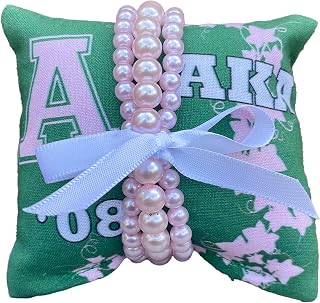 AKA Sorority Pearl Bracelet Gift Set on 4in x 4in Jewelry Pillow (White Pearls) (Pink Pearl Bracelets)