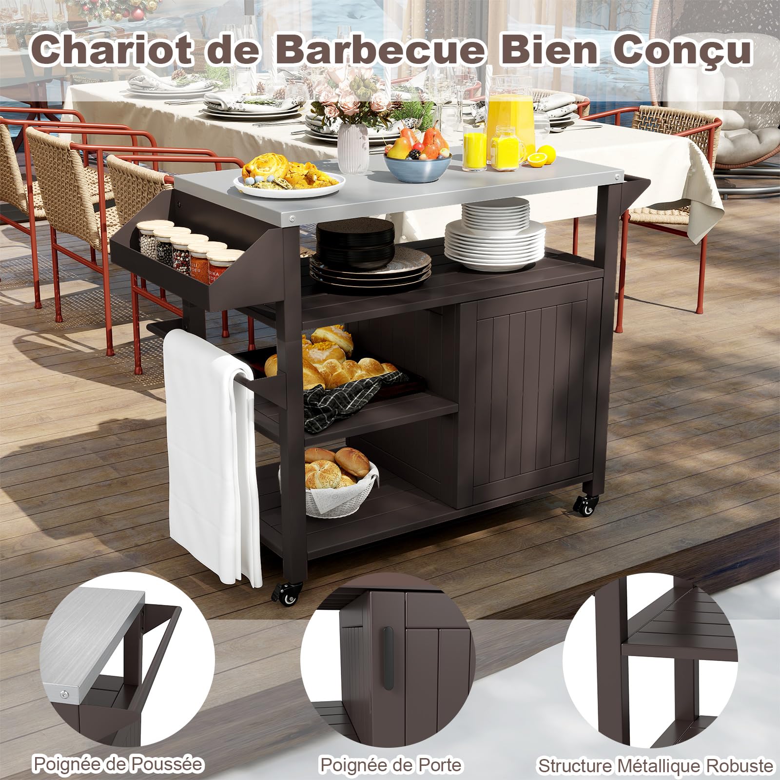 GYMAX Chariot de Barbecue à roulettes, Desserte Jardin avec Étagères