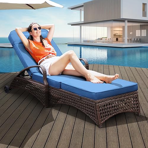 Miniatura 6 de NOBLEMOOD Chaise Lounge - Silla de mimbre para exteriores con ruedas, silla reclinable ajustable de 6 posiciones con cojín de tela gruesa azul y