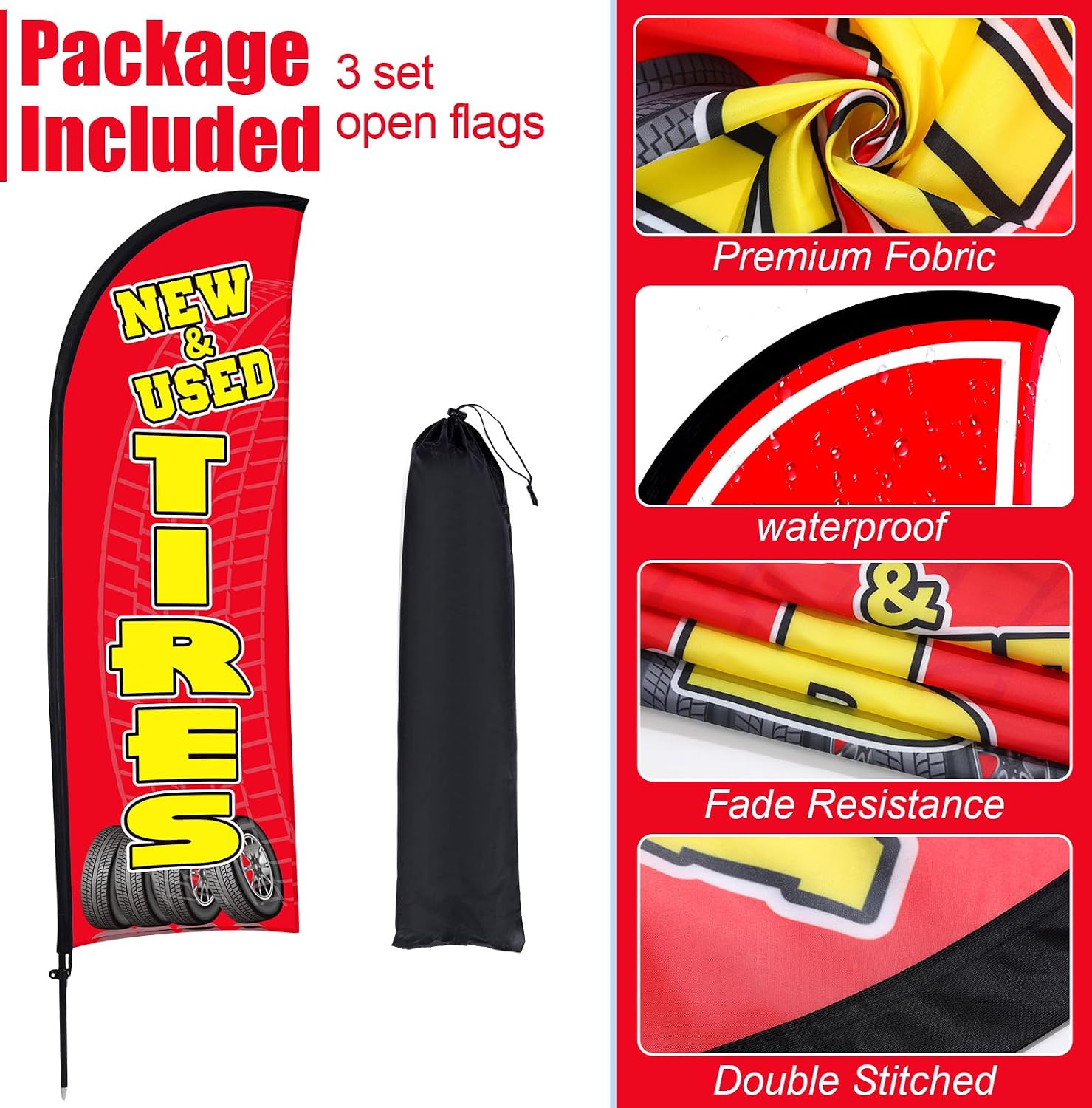 Buryeah 3 Sets Tires Shop Feather Flags with Poles 7ft New and Use Tires Flags for Businesses Outdoor Advertising Banner Sign to Sale Tyre Signs Supplies(Red)
