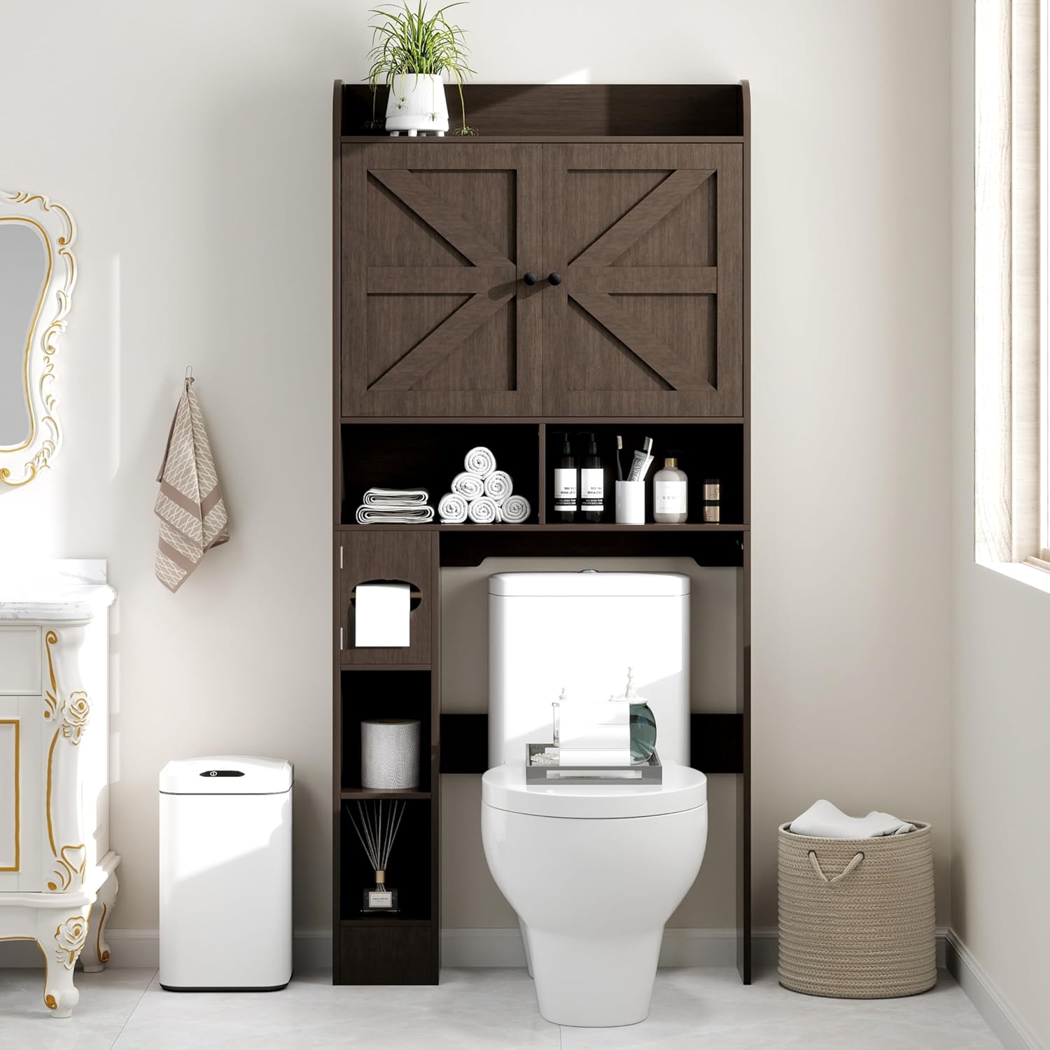 MUUEGM Over The Toilet Storage Cabinet with Barn Doors, Farmhouse Bathroom Organizer Shelf, Tall Bathroom Storage Cabinet with Toilet Paper Holder, Above Toilet Cabinet for Restroom, Laundry, Grey
