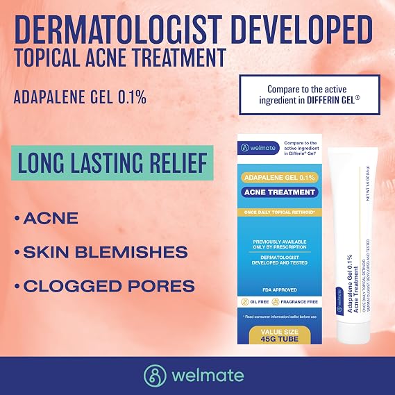 WELMATE Adapalene Gel 0.1% Acne Treatment, 2 Pack (180 Day Supply) - Topical Retinoid for Face, Helps Clear Blackheads & Pimples, Once Daily, Oil Free, Fragrance Free, 1.6 oz/Pack
