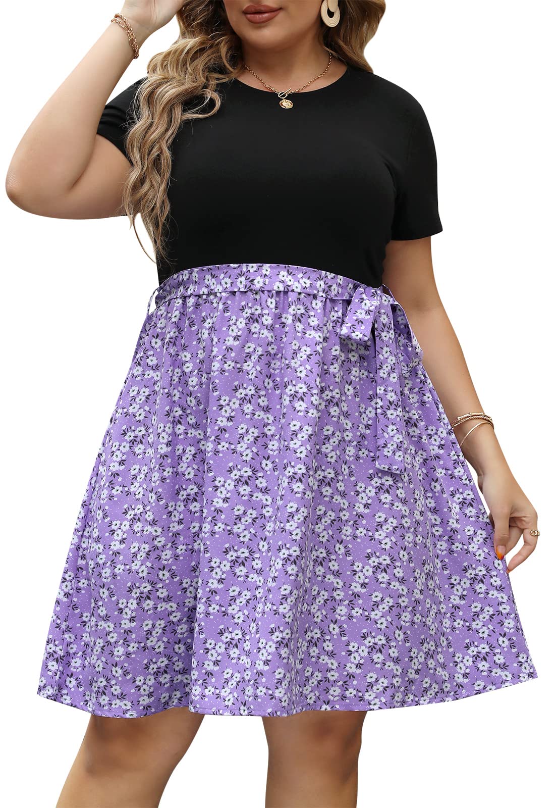 CelkuserWomens Summer Plus Size Dresses with Pockets Casual Swing Belted A-line Midi Dress Short Sleeve CEL140