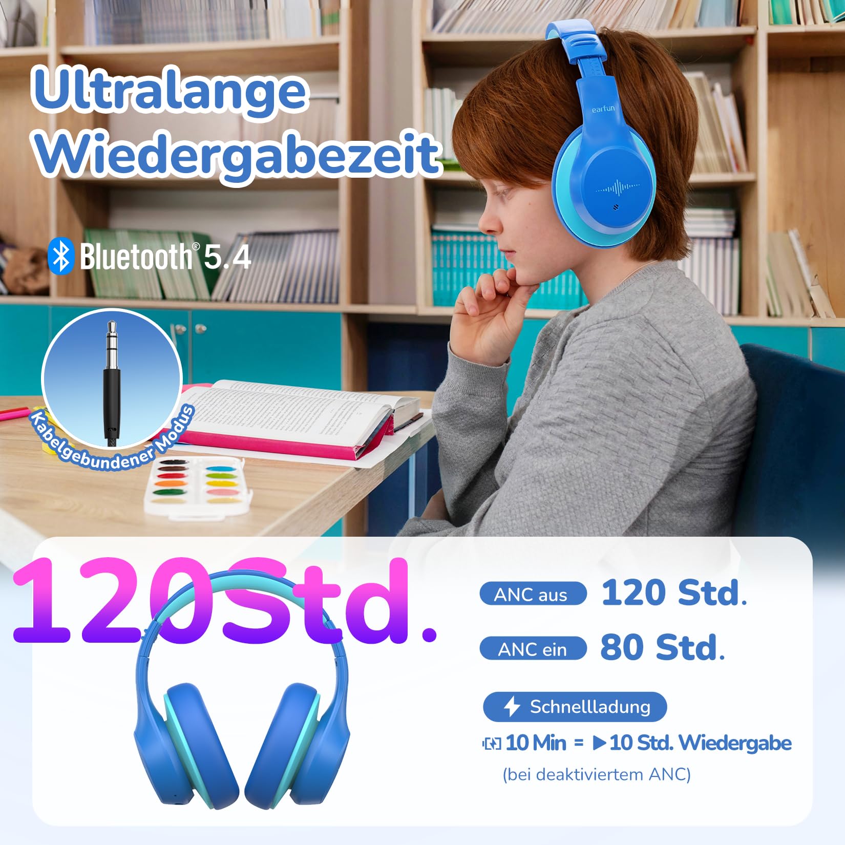 EarFun Bluetooth Kinder Kopfhörer, Noise Cancelling Kopfhörer Kinder, 74/85/94 dBA Sichere Lautstärke, 120H Akku, HD MIC, Bluetooth 5.4, Weich, Faltbar, Over Ear Kopfhörer für Schule/Reisen/Flugzeug