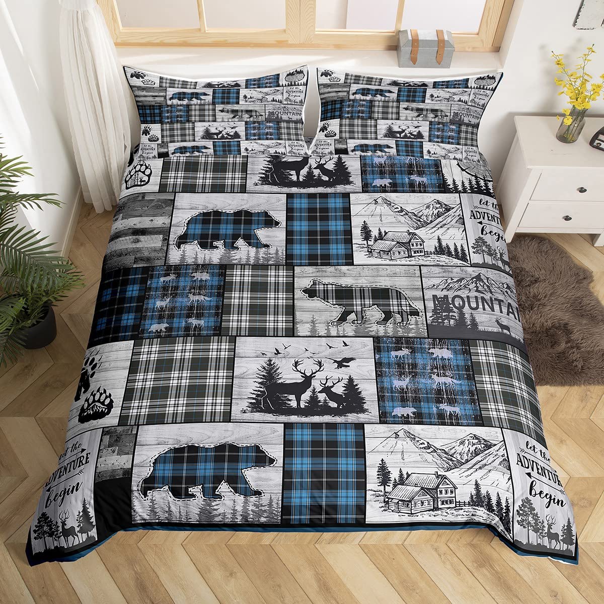 Hunting Wolf Bear Deer Bedding Set For Kids Boys Retro Blue Black Grey Plaid Buffalo Plaid Lodge Comforter Cover Queen Rustic Farmhouse Cabin Duvet Cover Woodland Animal Bed Set 2 Pillow Cases