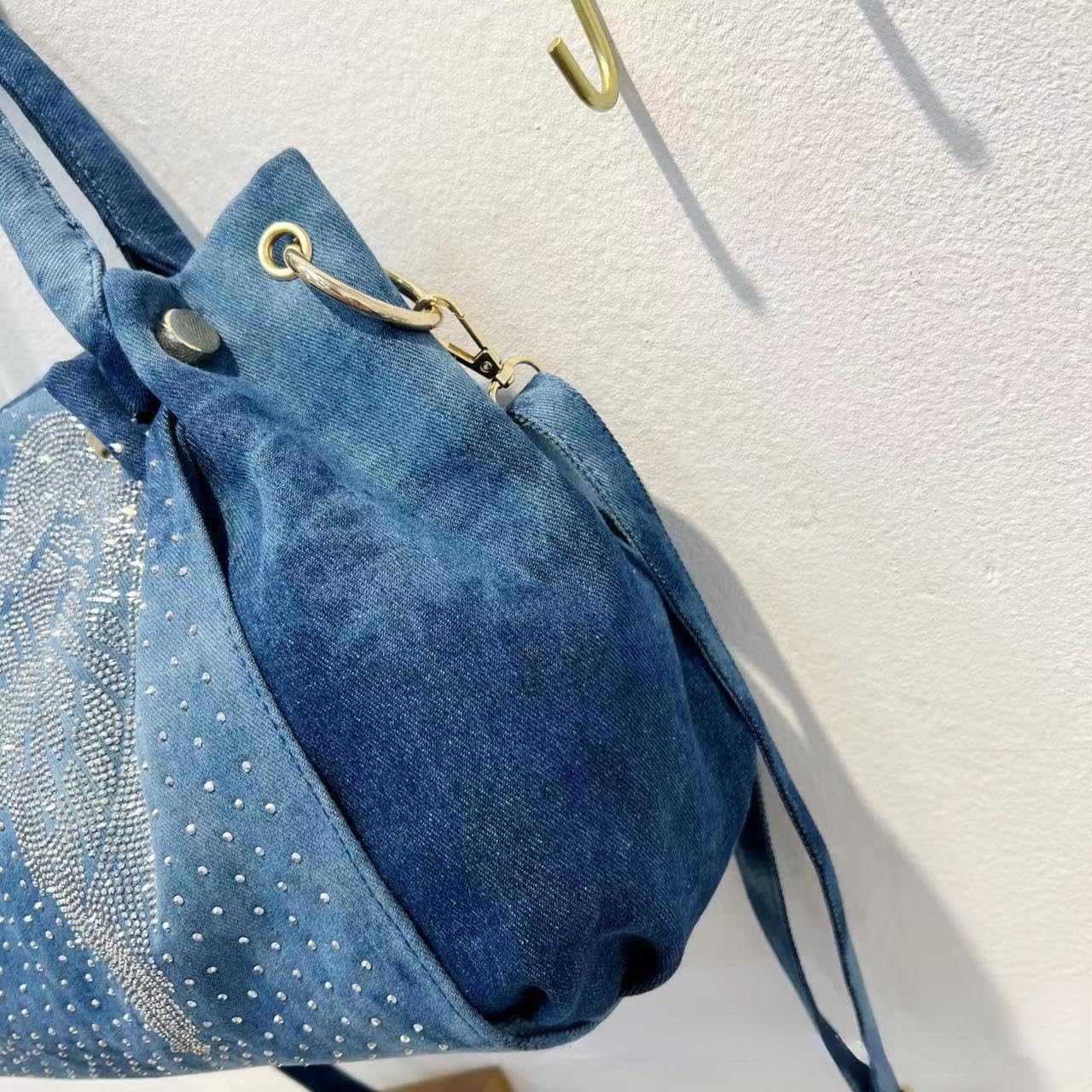 Denim Hobo Bag Jeans Women Bag with Diamond Wing Large Capacity Casual Shoulder Bag Tote Bag