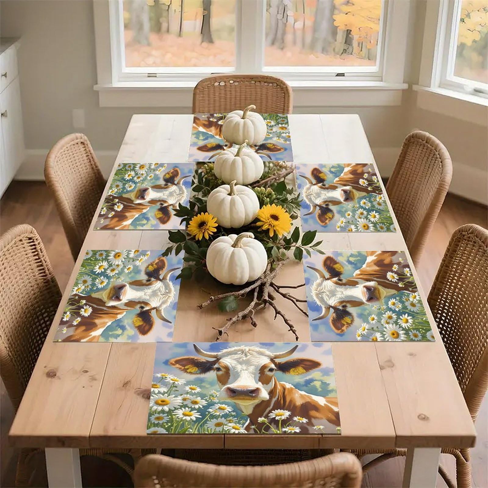 Watercolor Cow and Daisy Flower Placemats Flax Place Mats for Dining Table Rectangle Non-Slip Table Mats Heat Resistant Washable Placemat for Kitchen Home Decor Party Outdoor 12" X 18"