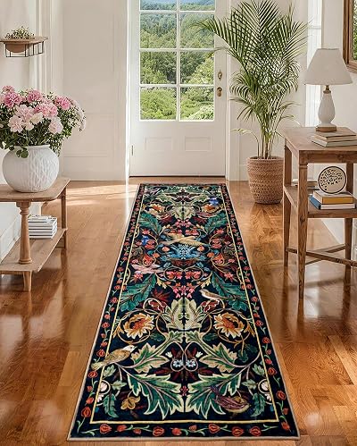 nesrt Runner Rug for Hallway 2x6, Washable Non Slip Soft Boho Floral Kitchen Laundry Rug with Rubber Backing, Low Pile Carpet Runner for Entryway Bedroom Bathroom (Dark Green)