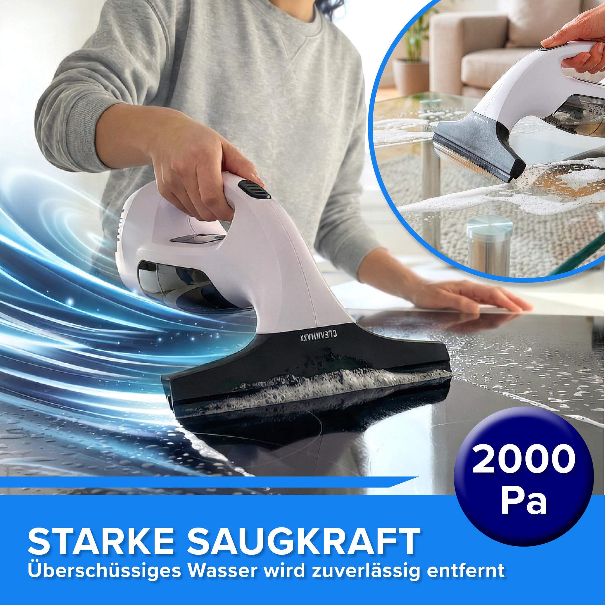 CLEANmaxx Akku-Fenstersauger-Set, 2000 Pa, 30 Min., Fensterputzer kabellos