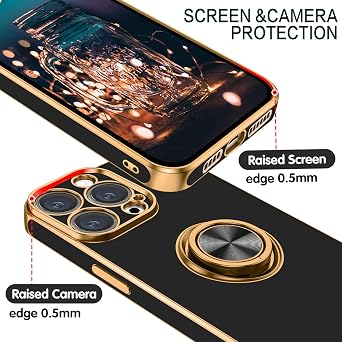 BENTOBEN for iPhone 14 Pro Max Case, Slim Lightweight 360 Ring Holder Kickstand Support Car Mount Shockproof Women Men Non-Slip Protective Case for iPhone 14 Pro Max 6.7, Black/Gold