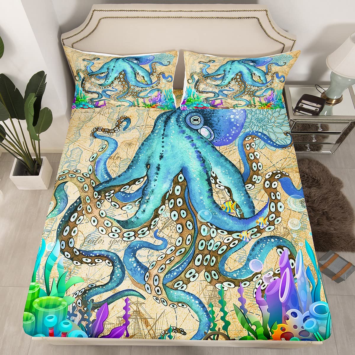 Set di lenzuola a tema nautico per bambini, ragazzi, ragazze, oceano, Kraken, set di fogli per letto per letto matrimoniale