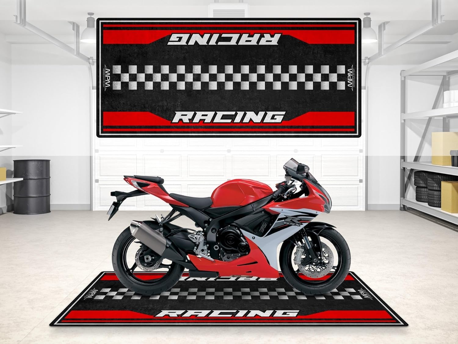 MPM Motorcycle Mat for Suzuki – Washable Non-Slip Oil & Water Resistant Parking Pit Mat for Garage, Showroom, Workshop Use | Red - Size 1: 86.6 x 39.4/220 x 100 cm